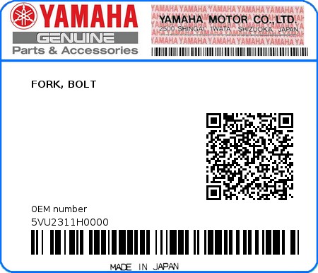 Product image: Yamaha - 5VU2311H0000 - FORK, BOLT  0