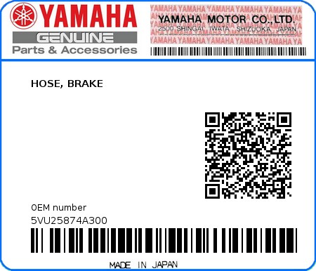 Product image: Yamaha - 5VU25874A300 - HOSE, BRAKE  0