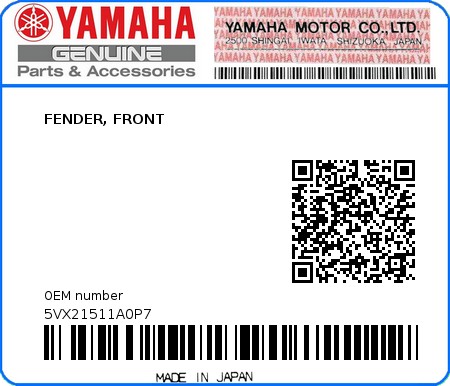 Product image: Yamaha - 5VX21511A0P7 - FENDER, FRONT  0