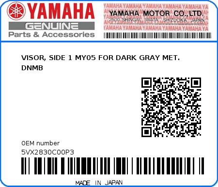 Product image: Yamaha - 5VX2830C00P3 - VISOR, SIDE 1 MY05 FOR DARK GRAY MET. DNMB  0