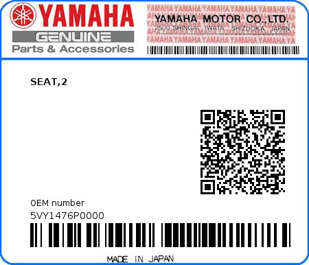 Product image: Yamaha - 5VY1476P0000 - SEAT,2  0