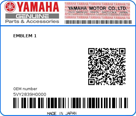 Product image: Yamaha - 5VY2839H0000 - EMBLEM 1  0