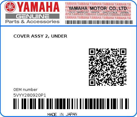 Product image: Yamaha - 5VYY280920P1 - COVER ASSY 2, UNDER  0