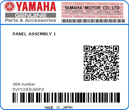Product image: Yamaha - 5VYY283U90P3 - PANEL ASSEMBLY 1  0