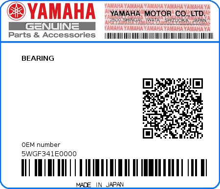 Product image: Yamaha - 5WGF341E0000 - BEARING  0