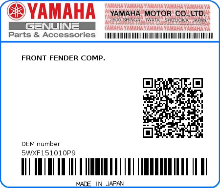 Product image: Yamaha - 5WXF151010P9 - FRONT FENDER COMP.  0