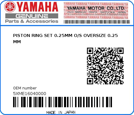 Product image: Yamaha - 5XME16040000 - PISTON RING SET 0.25MM O/S OVERSIZE 0.25 MM  0