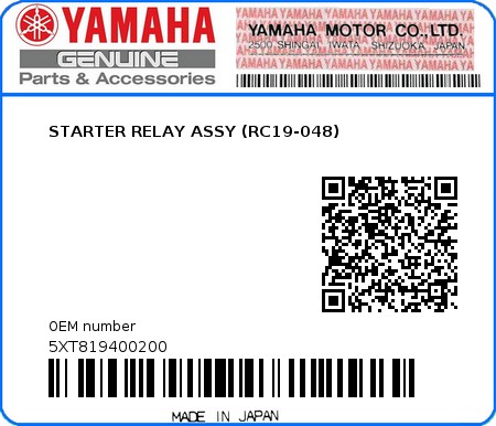 Product image: Yamaha - 5XT819400200 - STARTER RELAY ASSY (RC19-048)  0