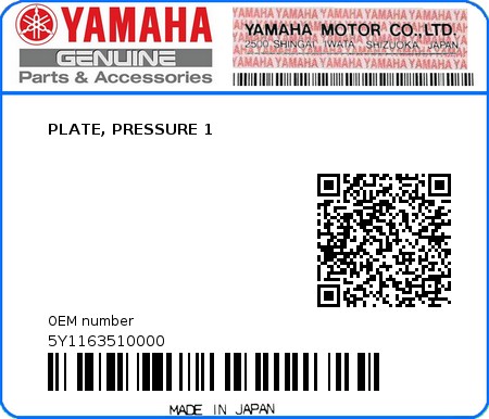 Product image: Yamaha - 5Y1163510000 - PLATE, PRESSURE 1  0