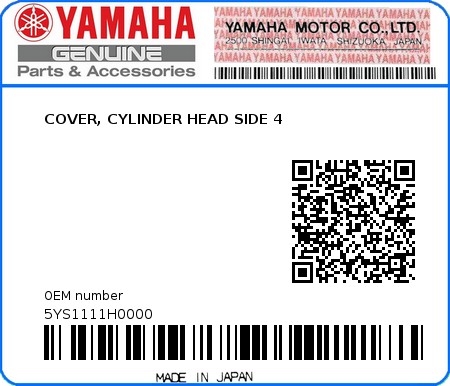 Product image: Yamaha - 5YS1111H0000 - COVER, CYLINDER HEAD SIDE 4  0