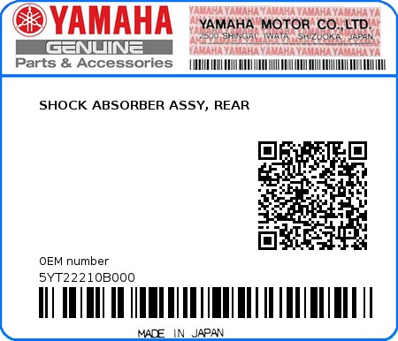 Product image: Yamaha - 5YT22210B000 - SHOCK ABSORBER ASSY, REAR  0