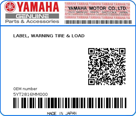 Product image: Yamaha - 5YT2816MM000 - LABEL, WARNING TIRE & LOAD  0