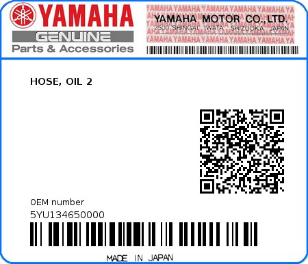 Product image: Yamaha - 5YU134650000 - HOSE, OIL 2  0