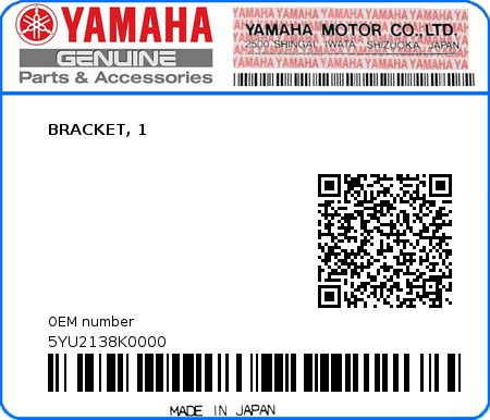 Product image: Yamaha - 5YU2138K0000 - BRACKET, 1  0