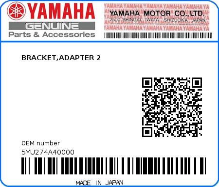 Product image: Yamaha - 5YU274A40000 - BRACKET,ADAPTER 2  0