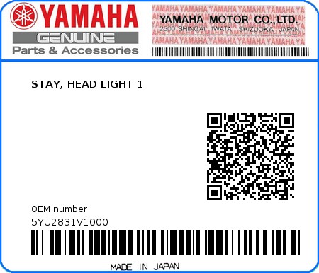 Product image: Yamaha - 5YU2831V1000 - STAY, HEAD LIGHT 1  0