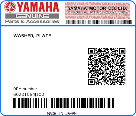 Product image: Yamaha - 60201064J100 - WASHER, PLATE   0