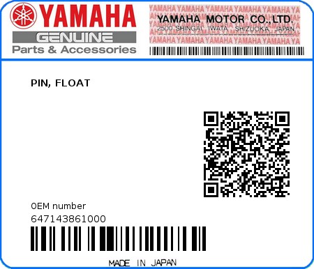 Product image: Yamaha - 647143861000 - PIN, FLOAT  0