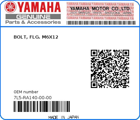 Product image: Yamaha - 7L5-RA140-00-00 - BOLT, FLG. M6X12  0