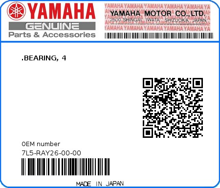 Product image: Yamaha - 7L5-RAY26-00-00 - .BEARING, 4  0