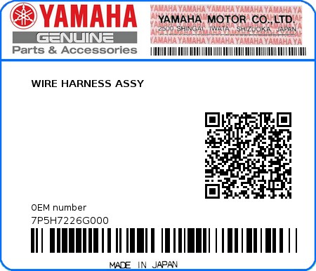 Product image: Yamaha - 7P5H7226G000 - WIRE HARNESS ASSY  0