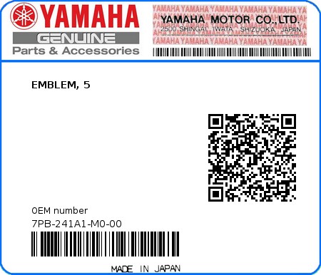 Product image: Yamaha - 7PB-241A1-M0-00 - EMBLEM, 5  0