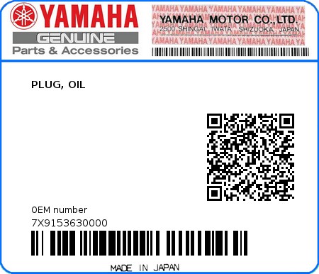 Product image: Yamaha - 7X9153630000 - PLUG, OIL  0