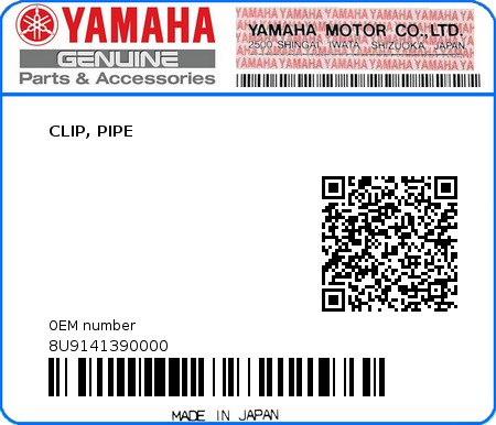 Product image: Yamaha - 8U9141390000 - CLIP, PIPE   0