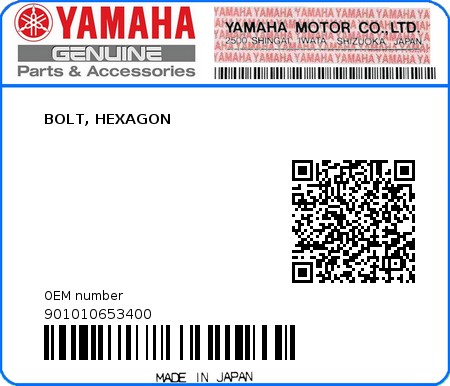 Product image: Yamaha - 901010653400 - BOLT, HEXAGON  0