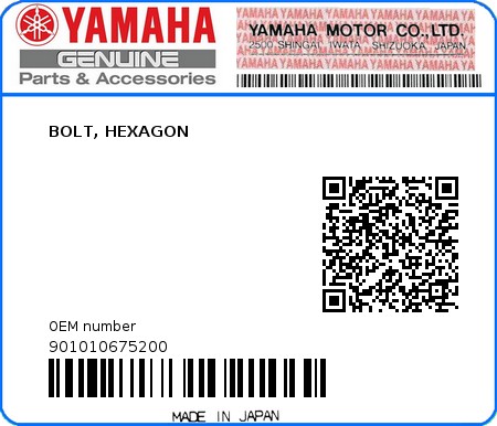 Product image: Yamaha - 901010675200 - BOLT, HEXAGON  0