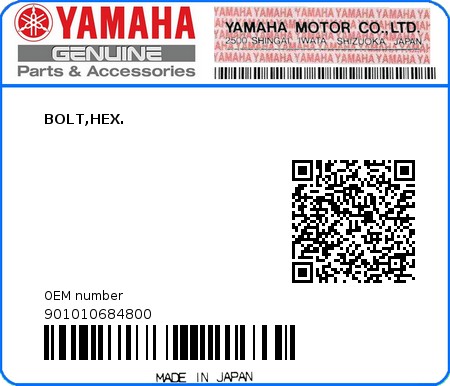 Product image: Yamaha - 901010684800 - BOLT,HEX.  0