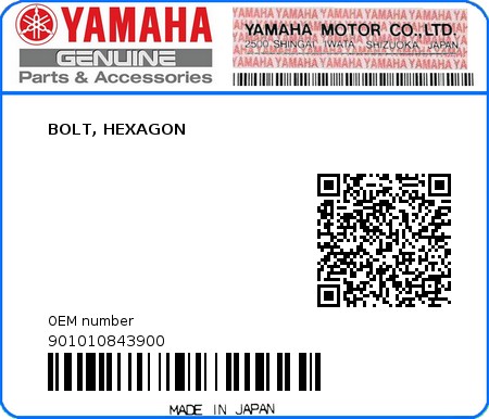 Product image: Yamaha - 901010843900 - BOLT, HEXAGON  0