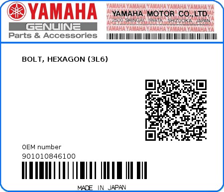 Product image: Yamaha - 901010846100 - BOLT, HEXAGON (3L6)  0