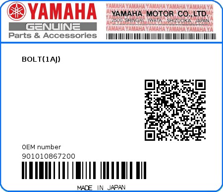 Product image: Yamaha - 901010867200 - BOLT(1AJ)  0