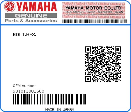 Product image: Yamaha - 901011081600 - BOLT,HEX.  0