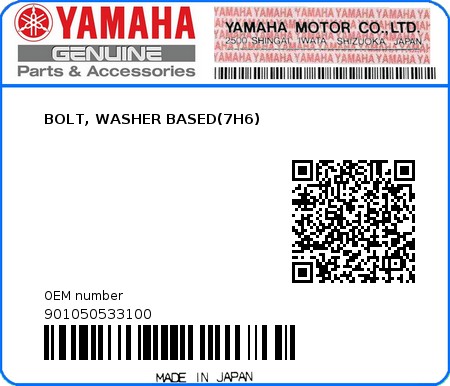 Product image: Yamaha - 901050533100 - BOLT, WASHER BASED(7H6)  0