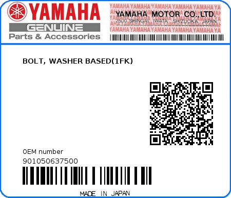Product image: Yamaha - 901050637500 - BOLT, WASHER BASED(1FK)  0