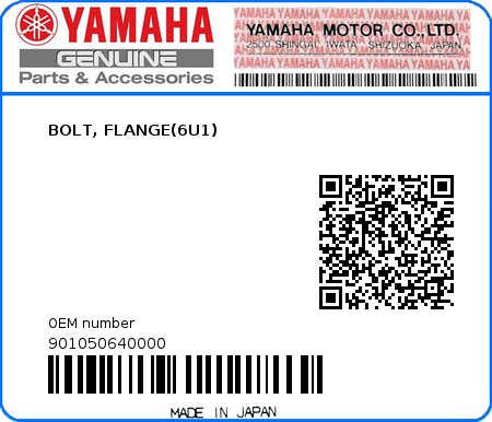 Product image: Yamaha - 901050640000 - BOLT, FLANGE(6U1)  0