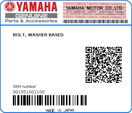 Product image: Yamaha - 901051001100 - BOLT, WASHER BASED  0