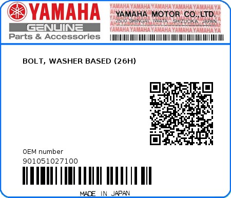 Product image: Yamaha - 901051027100 - BOLT, WASHER BASED (26H)  0