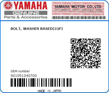 Product image: Yamaha - 901051040700 - BOLT, WASHER BASED(1UF)  0