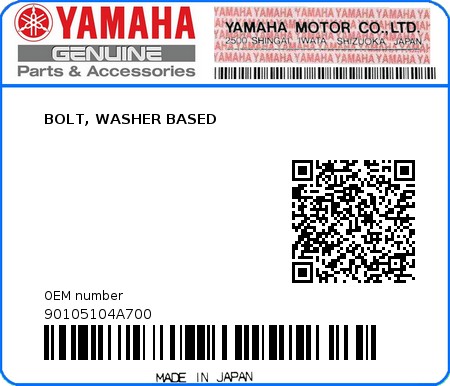 Product image: Yamaha - 90105104A700 - BOLT, WASHER BASED  0