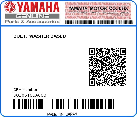 Product image: Yamaha - 90105105A000 - BOLT, WASHER BASED  0