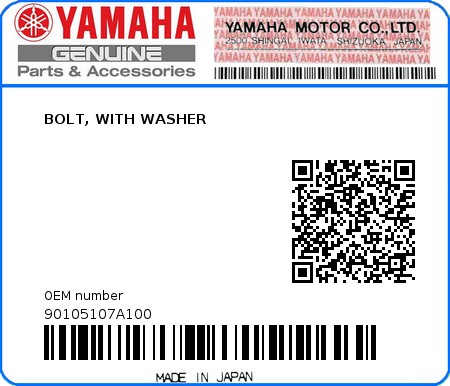 Product image: Yamaha - 90105107A100 - BOLT, WITH WASHER  0