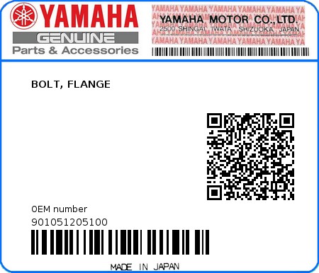 Product image: Yamaha - 901051205100 - BOLT, FLANGE  0