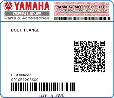 Product image: Yamaha - 901051205600 - BOLT, FLANGE  0