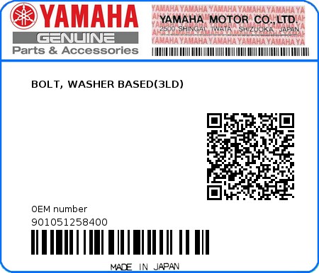 Product image: Yamaha - 901051258400 - BOLT, WASHER BASED(3LD)  0