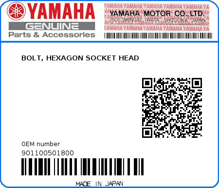 Product image: Yamaha - 901100501800 - BOLT, HEXAGON SOCKET HEAD  0