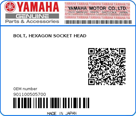 Product image: Yamaha - 901100505700 - BOLT, HEXAGON SOCKET HEAD  0