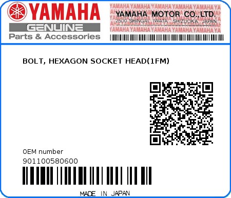Product image: Yamaha - 901100580600 - BOLT, HEXAGON SOCKET HEAD(1FM)  0